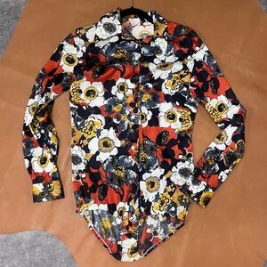 60s 70s Jantzen One Piece Floral Long Sleeve Bodysuit Swimsuit M